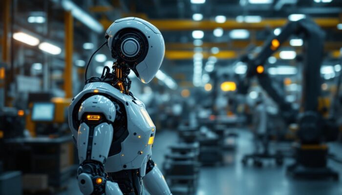 A photograph of a sleek industrial robot in action within a modern manufacturing environment