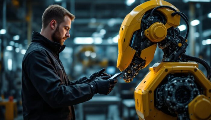 A photograph of a skilled technician interacting with an industrial robot in a modern manufacturing environment