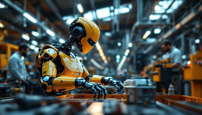 A photograph of a sleek industrial robot in action