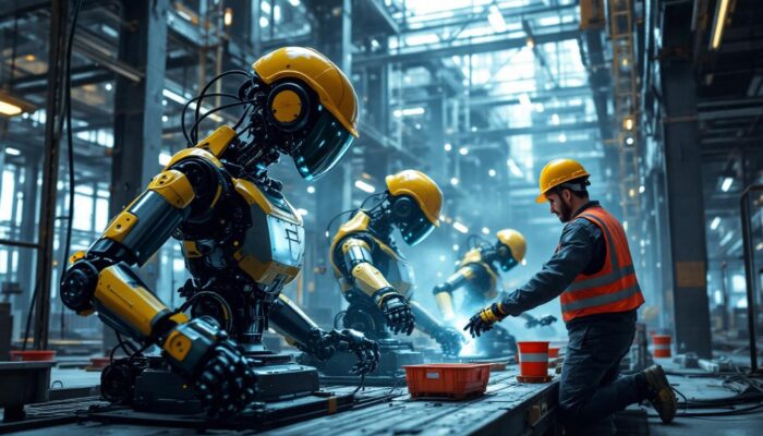 A photograph of a dynamic construction site scene featuring industrial robots in action