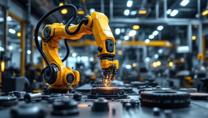 A photograph of a sleek industrial robotic arm in action