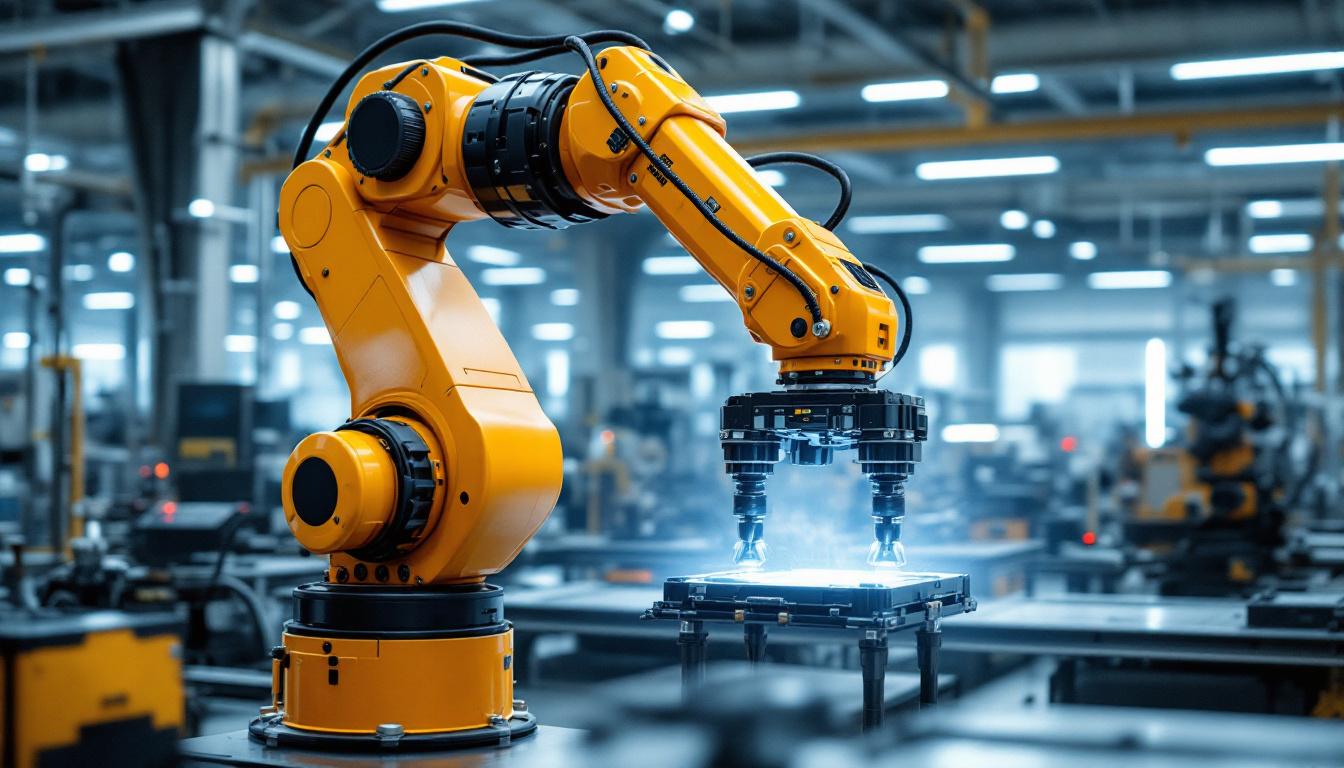 A photograph of a dynamic industrial robotic arm in action within a modern manufacturing facility