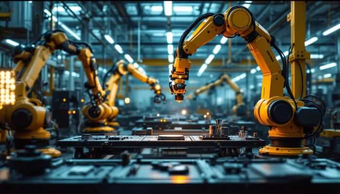 A photograph of a dynamic industrial workspace in nyc featuring advanced robotic systems in action