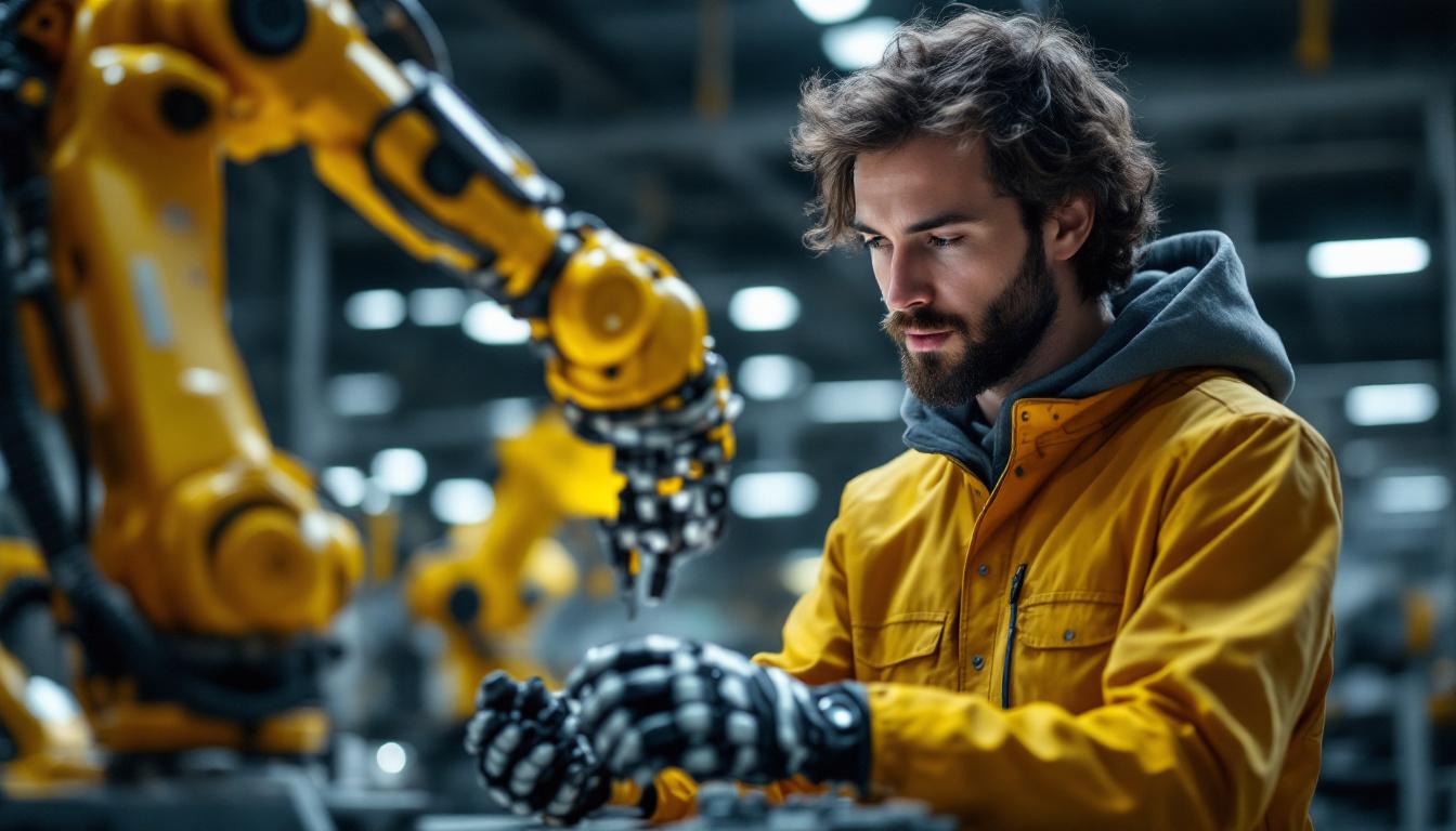 A photograph of a junior software engineer collaborating with a robotic arm in a modern industrial setting