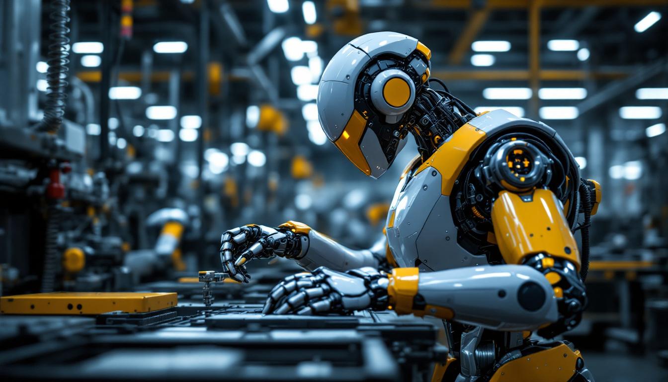 A photograph of a sleek industrial robot in action within a manufacturing environment