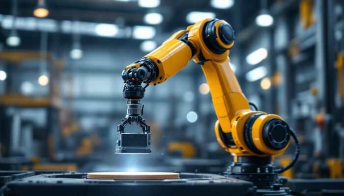 A photograph of a sleek industrial robotic arm in action