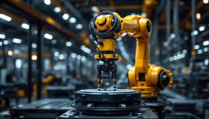 A photograph of a sleek industrial robotic arm in action