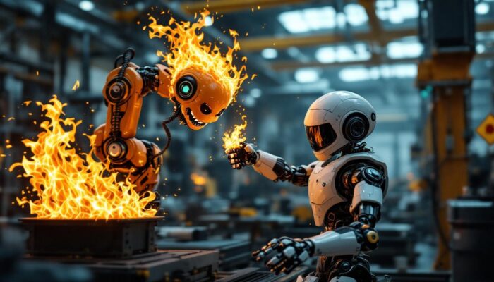 A photograph of a dynamic industrial setting featuring a robotic arm in action