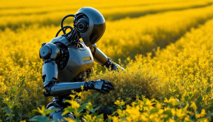 A photograph of a sleek industrial robot in action