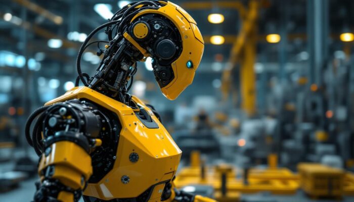 A photograph of a modern industrial robot in action on a factory floor