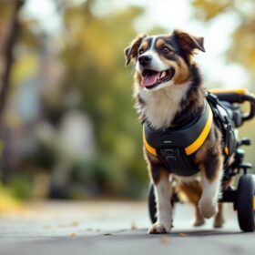 A photograph of a happy dog using a mobility device