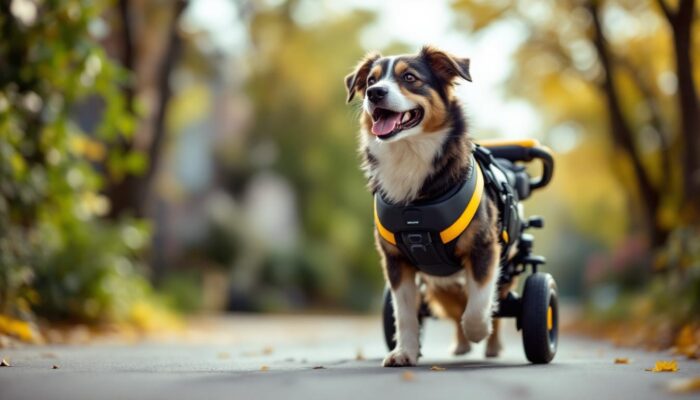 A photograph of a happy dog using a mobility device