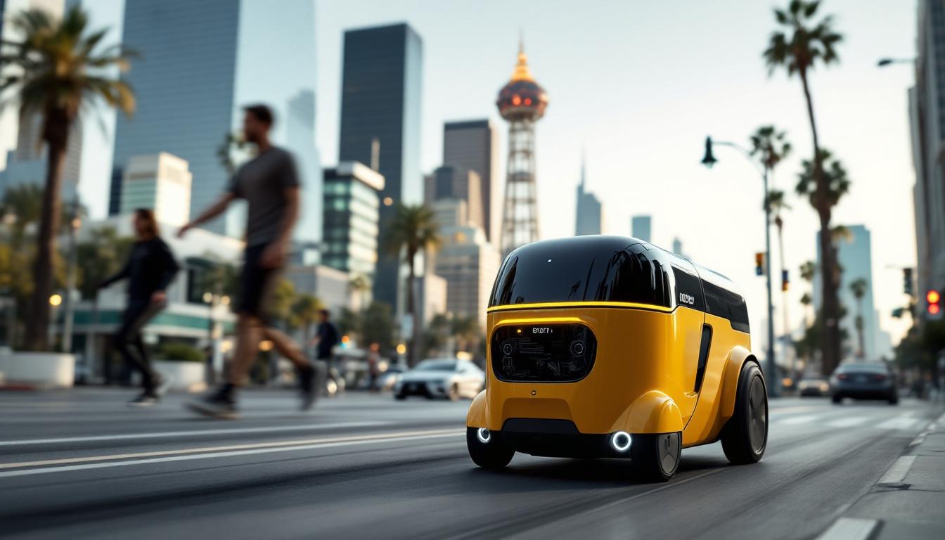A photograph of a sleek delivery robot navigating a bustling los angeles street