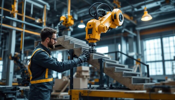 A photograph of a skilled technician programming an industrial robot as it constructs a set of stairs with a landing