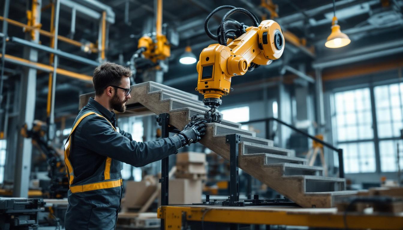 A photograph of a skilled technician programming an industrial robot as it constructs a set of stairs with a landing