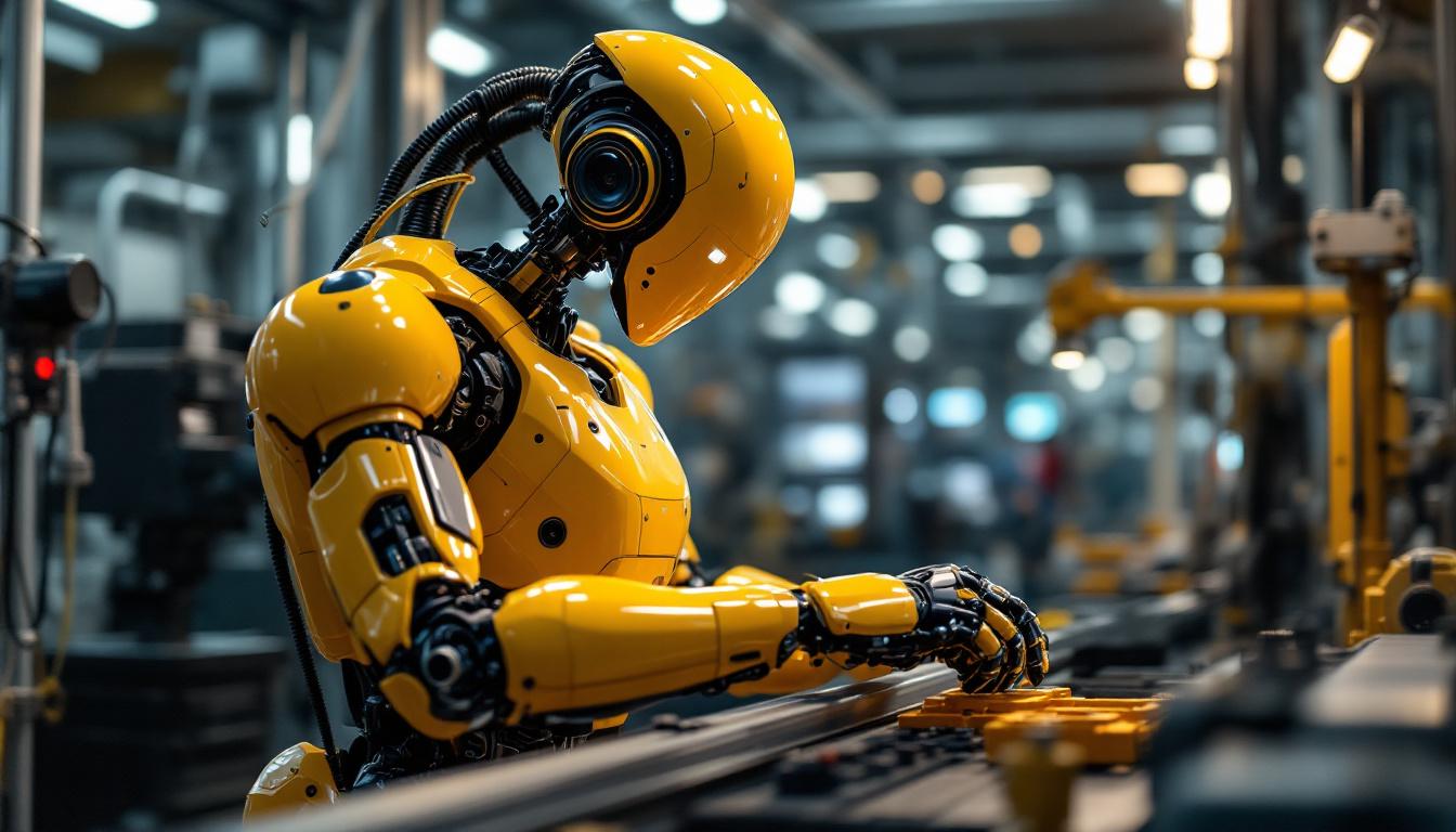 A photograph of a sleek industrial robot in action within a modern manufacturing environment