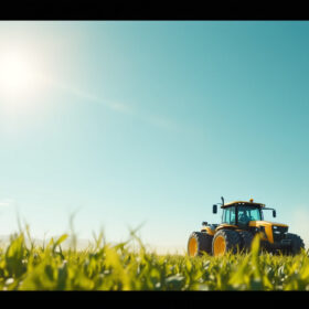 A photograph of a modern agricultural landscape showcasing advanced robotic farming equipment in action