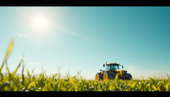 A photograph of a modern agricultural landscape showcasing advanced robotic farming equipment in action