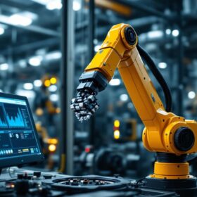 A photograph of a sleek industrial robotic arm in action