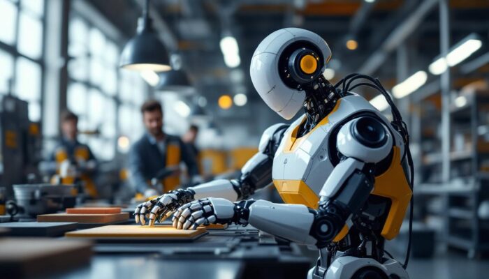 A photograph of a sleek industrial robot in action within a modern workspace