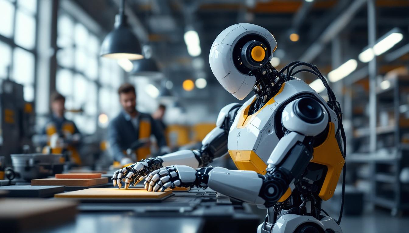 A photograph of a sleek industrial robot in action within a modern workspace