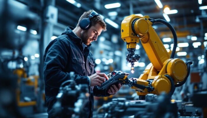 A photograph of a skilled technician interacting with a state-of-the-art industrial robot in a dynamic manufacturing environment