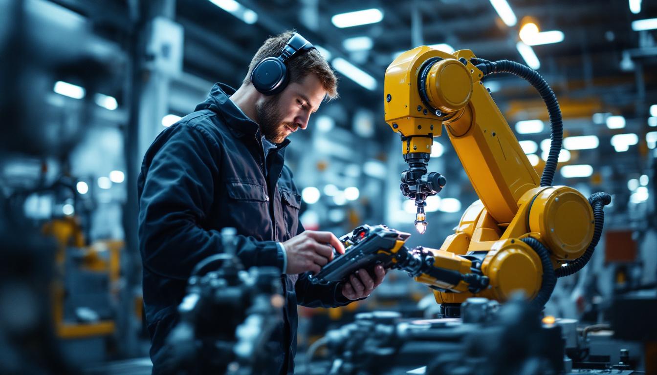 A photograph of a skilled technician interacting with a state-of-the-art industrial robot in a dynamic manufacturing environment