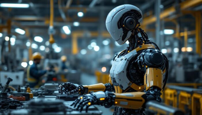 A photograph of a sleek industrial robot in action within a bustling manufacturing environment