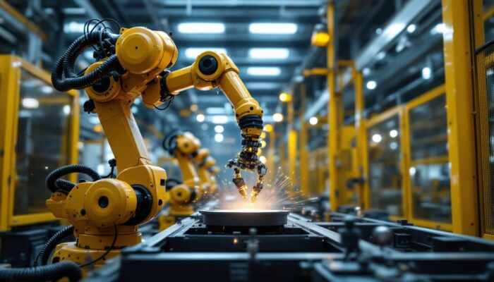 A photograph of a dynamic industrial robotic arm in action within a manufacturing environment