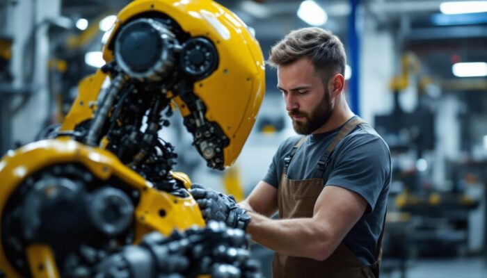 A photograph of a mechanical engineer working on an industrial robot