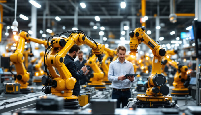 A photograph of a modern industrial automation workspace featuring robotic arms in action