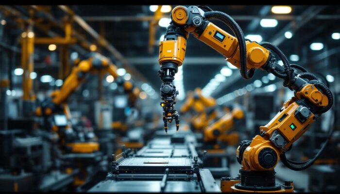 A photograph of a sophisticated industrial robotic arm in action