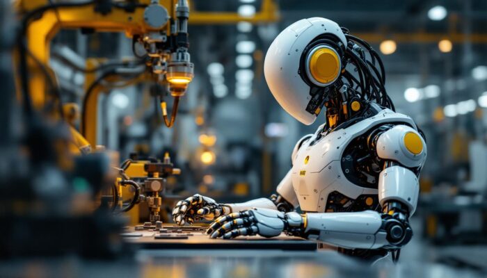 A photograph of a sleek industrial robot in action within a manufacturing environment