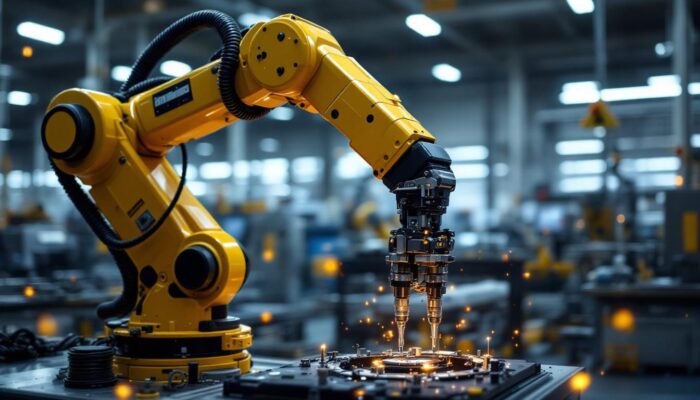 A photograph of a dynamic industrial robotic arm in action