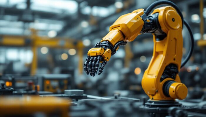 A photograph of a modern industrial robotic arm in action within a manufacturing setting