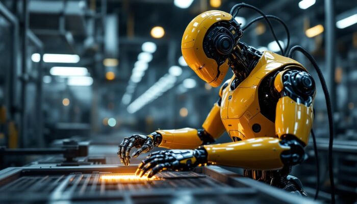 A photograph of a sleek industrial robot in action within a manufacturing environment