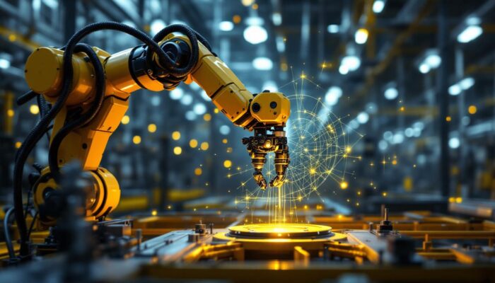A photograph of a sleek industrial robotic arm equipped with a lidar sensor in action