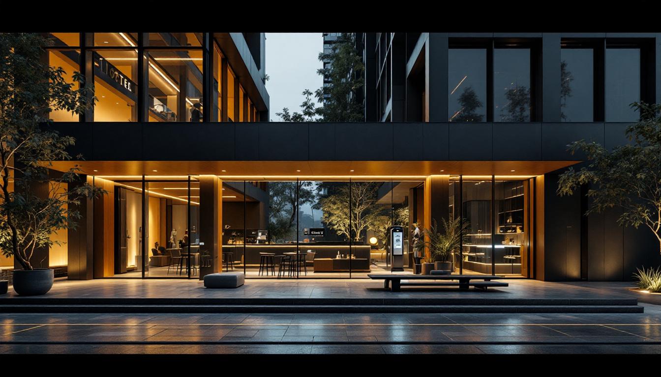 A photograph of capture a photograph of a modern hotel in woodside with a sleek