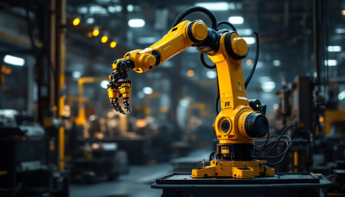 A photograph of a sleek industrial robotic arm in action