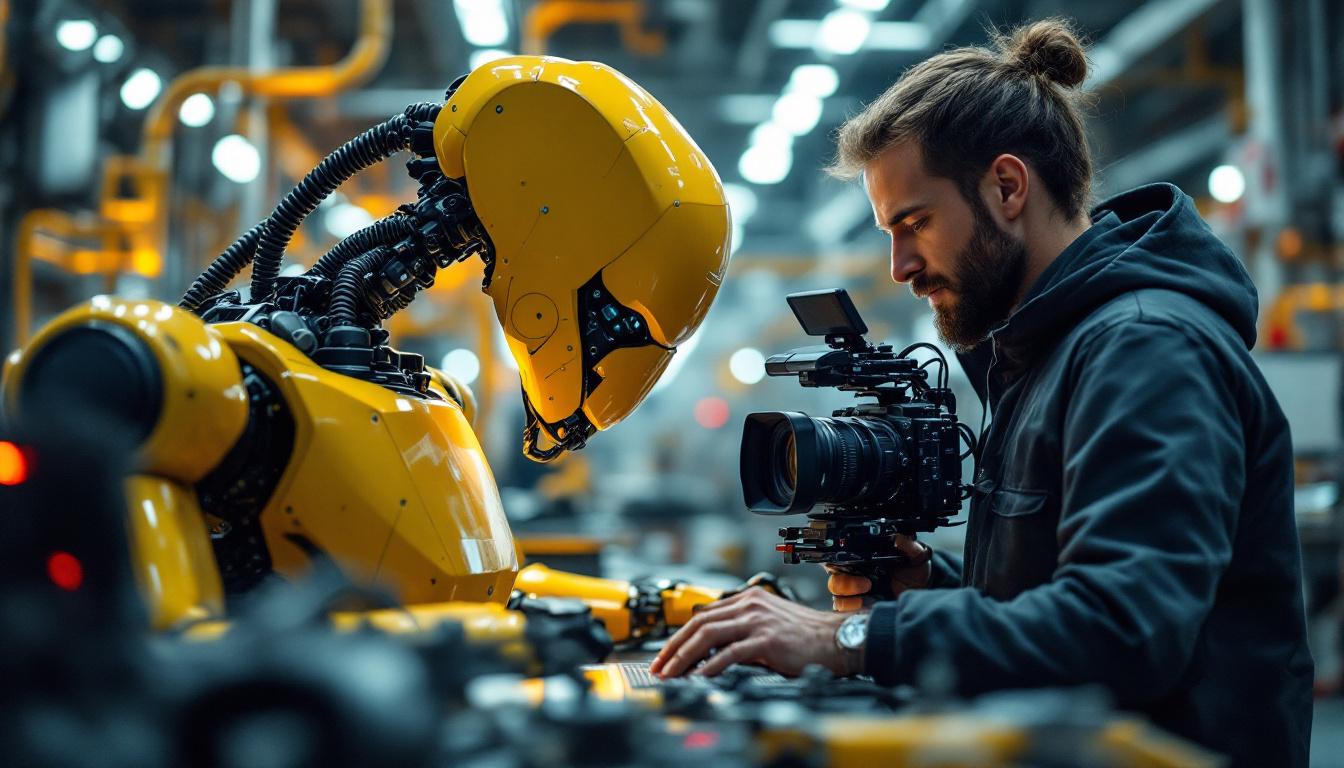 A photograph of a skilled videographer working alongside an industrial robot in a dynamic production environment