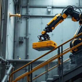 A photograph of a robust industrial robot in action