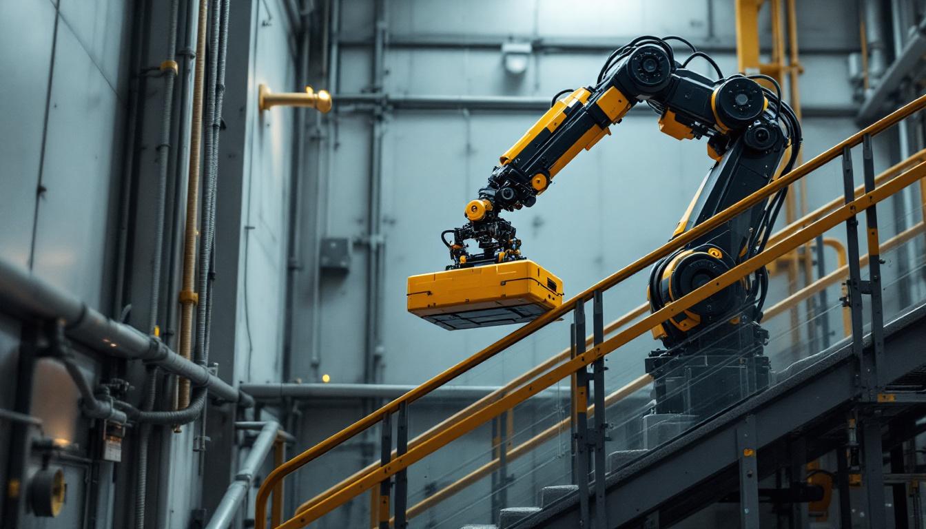 A photograph of a robust industrial robot in action