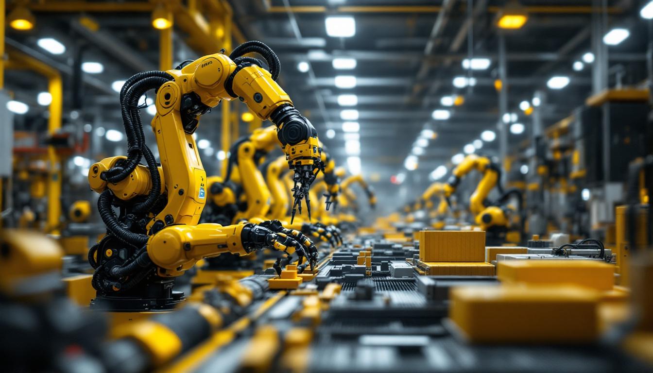 A photograph of a bustling robotics manufacturing facility