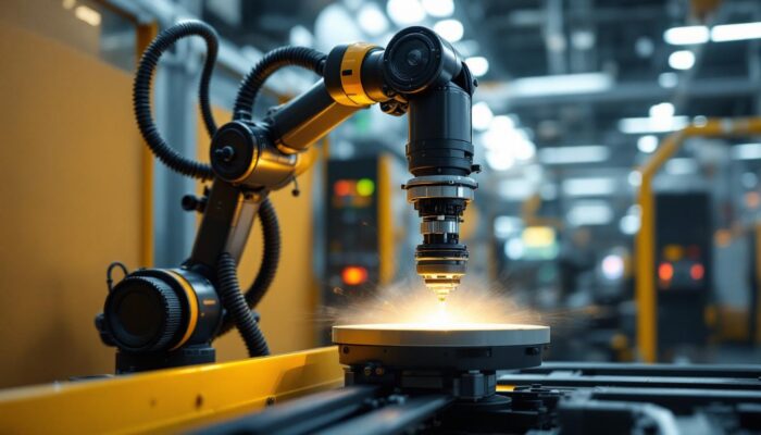 A photograph of a sleek industrial robotic arm in action within a modern manufacturing environment