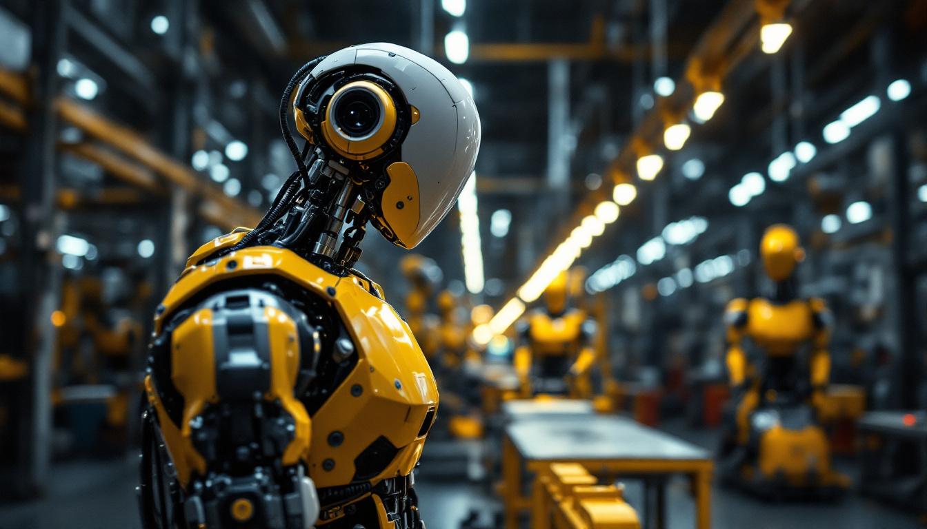 A photograph of a sleek industrial robot in action within a houston-based manufacturing facility