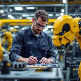 A photograph of a skilled electrical engineer working alongside advanced industrial robots in a modern seattle manufacturing facility