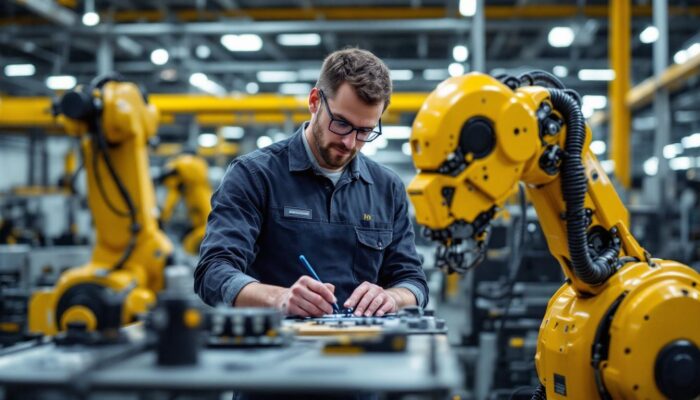 A photograph of a skilled electrical engineer working alongside advanced industrial robots in a modern seattle manufacturing facility