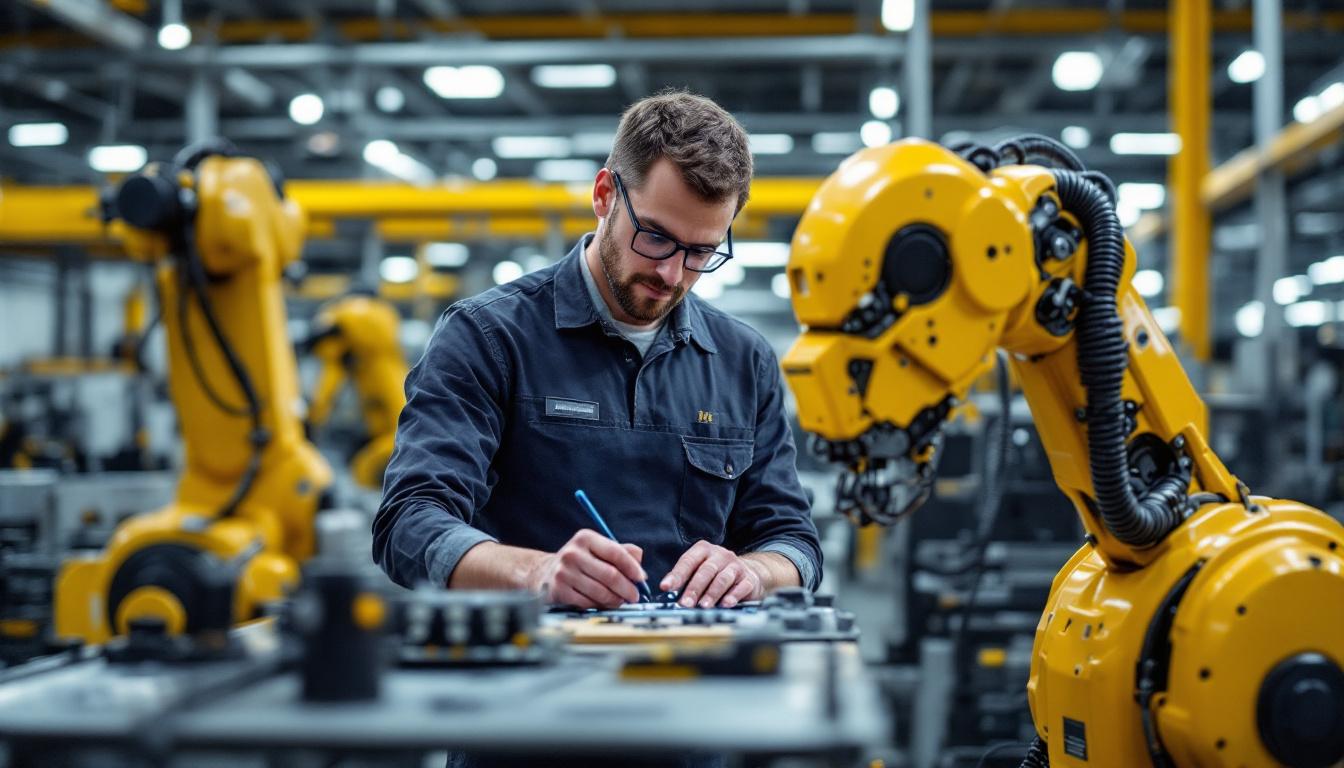 A photograph of a skilled electrical engineer working alongside advanced industrial robots in a modern seattle manufacturing facility