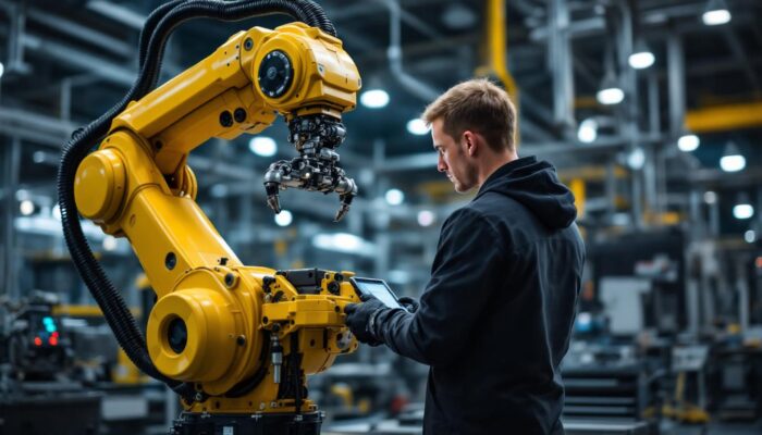 A photograph of a skilled technician interacting with an industrial robotic arm