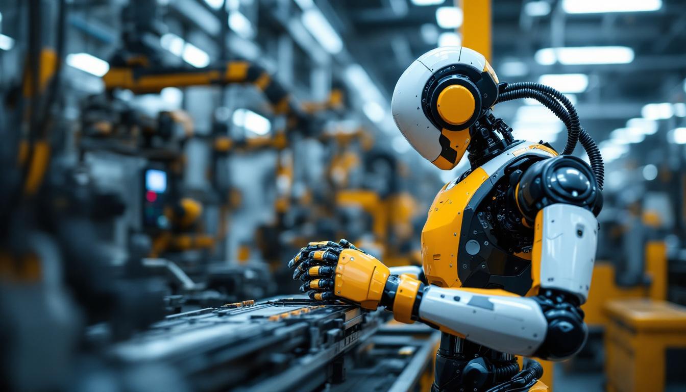 A photograph of a modern industrial robot in action within a manufacturing setting